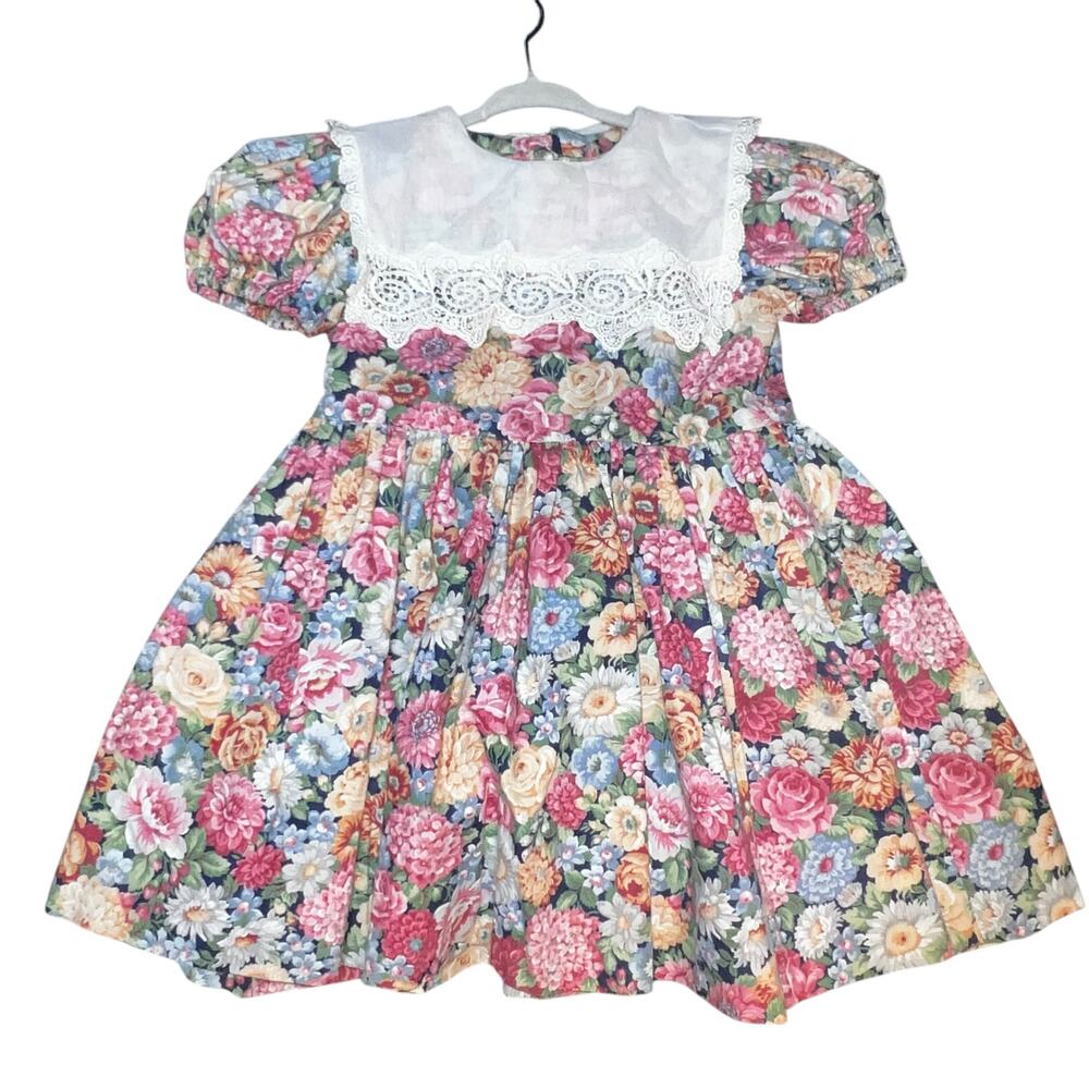 Vintage Lace bib collar floral prairie  toddler girls dress bubble sleeve